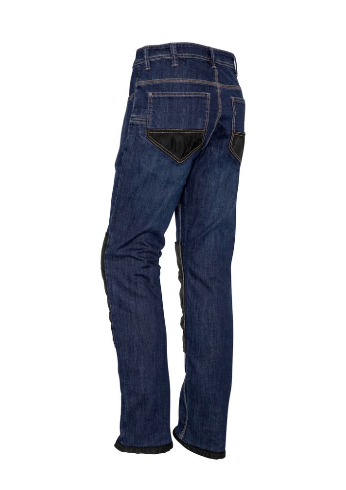 Men's heavy-duty blue denim jeans with Cordura® patches, stretch fit, enzyme-washed for comfort, and durable triple-stitched seams.