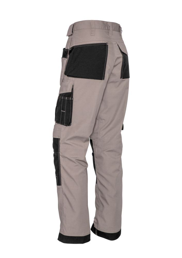 Men's khaki/black pants with swing-away pockets, Cordura® reinforcements, and knee patches for durability and functionality.