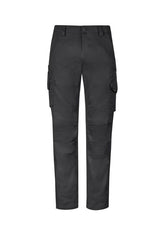 Men's charcoal stretch pants with ripstop fabric, double-layered knees, and multiple pockets for tools and essentials. Size 127.