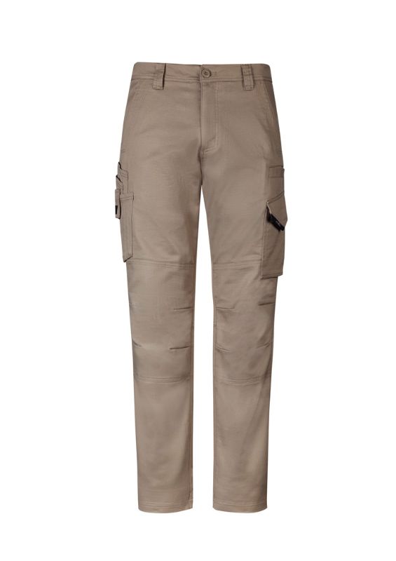 Men's khaki rugged cooling stretch pants, Size 72 by Syzmik, featuring durable ripstop fabric and multiple pockets for tools.