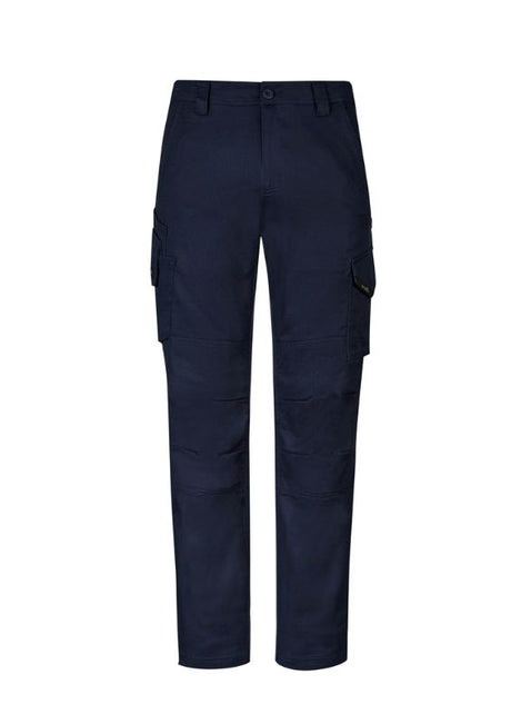 Men's navy stretch pants with ripstop fabric, double layer knees, multiple pockets, and a modern straight fit for comfort and durability.