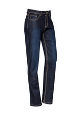 Women's blue stretch denim work jeans, size 4, featuring a modern fit, durable fabric, and 5-pocket styling for practicality.