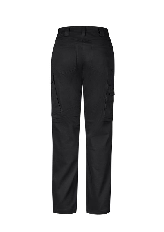 Womens Essential Basic Stretch Cargo Pant in black, size 4, featuring durable fabric, multiple pockets, and a slim fit design.