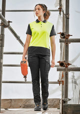 Women's charcoal stretch cargo pants in size 24, featuring oversized pockets and triple-stitched seams for durability.