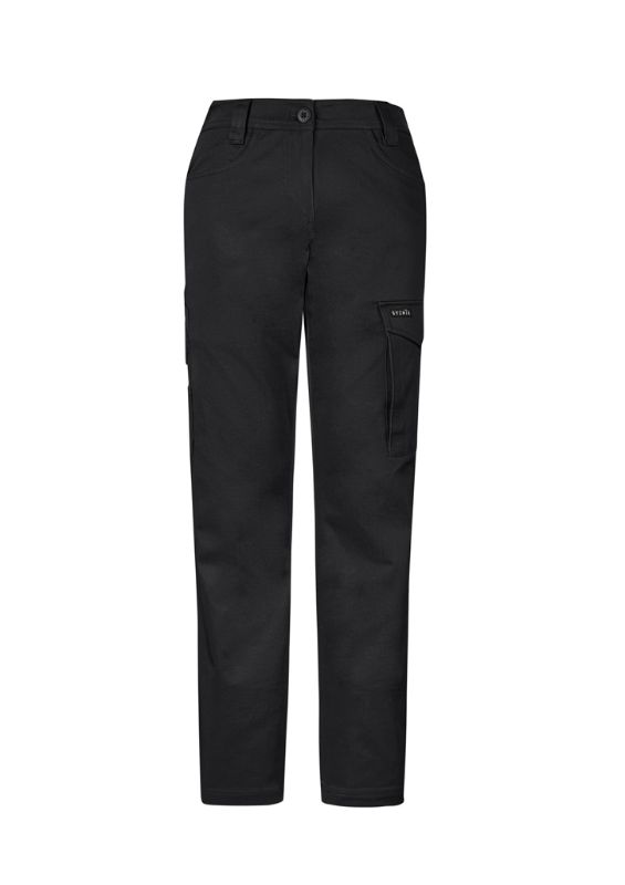 Womens Essential Basic Stretch Cargo Pant in Black, Size 4, featuring slim fit, durable pockets, and comfortable stretch fabric.