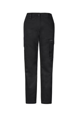 Womens Essential Basic Stretch Cargo Pant in Black, Size 4, featuring slim fit, durable pockets, and comfortable stretch fabric.