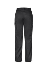 Women's charcoal stretch cargo pants from Syzmik, size 4, featuring oversized pockets and a chic slim fit.