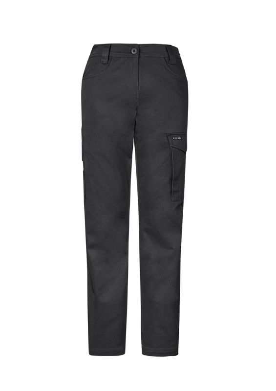 Women's charcoal cargo pants in size 4, featuring stretch fabric, cargo pockets, and a sleek slim fit design.