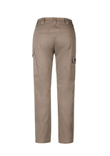 Women's khaki stretch cargo pants, size 8, featuring oversized pockets, a slim fit, and durable triple-stitched seams.