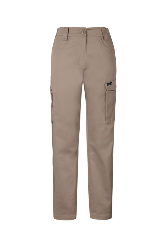 Khaki women's cargo pants in Size 22 by Syzmik, featuring stretch fabric, multiple pockets, and a slim fit design.