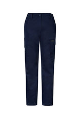 Navy cargo pants for women, size 4, featuring a slim fit, stretchy fabric, and multiple utility pockets for convenience.