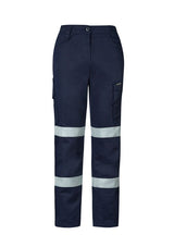 Women's navy cargo pants by Syzmik, featuring stretch reflective tape, multiple pockets, and a slim fit for comfort and style.