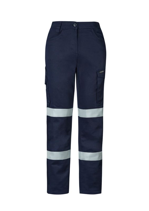 Navy women's cargo pants with stretch fabric, reflective tape, and multiple pockets for style and functionality, size 24.