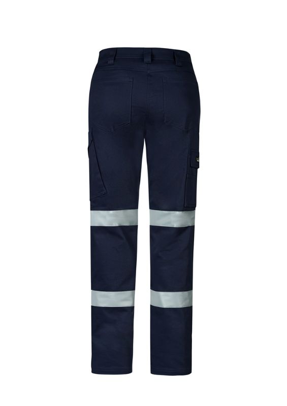 Women's navy cargo pants, Size 4 by Syzmik, featuring stretch fabric, reflective tape, slim fit, and multiple pockets for utility.