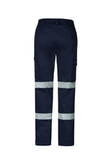 Women's navy cargo pants featuring stretch fabric, reflective tape, and multiple pockets for practicality and style. Size 6.