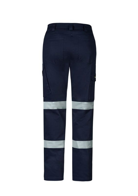 Navy women's cargo pants, size 24, featuring stretch fabric, reflective tape, and multiple pockets for storage and durability.