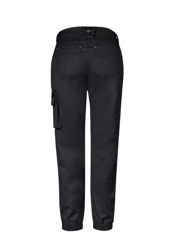 Women's Streetworx Tough Pant in black, Size 10, features stretchy fabric, cargo pockets, and knee reinforcement for durability.