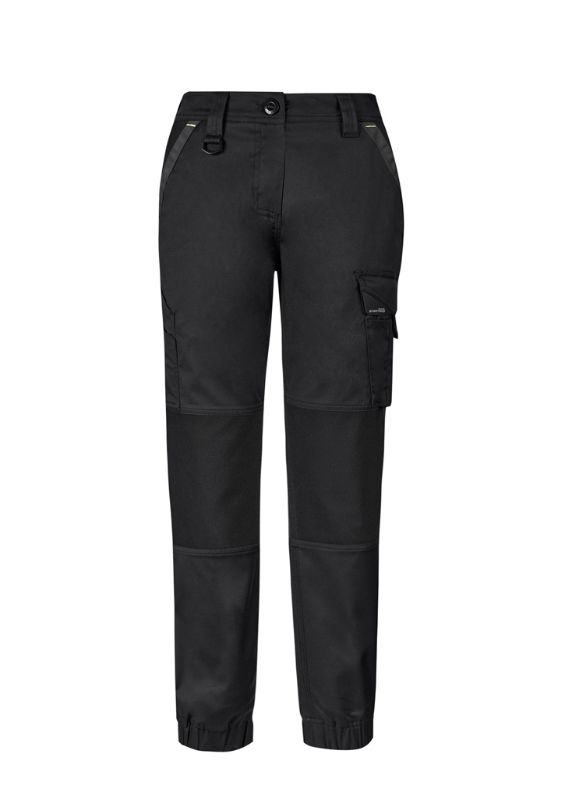 Women's Streetworx Tough Pant in black, size 4, features stretch fabric, knee reinforcement, and functional pockets for active women.