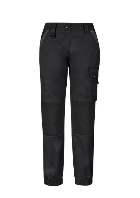 Women's black tough pants featuring slim fit, stretch fabric, and multiple pockets for tools and phone protection. Size 6.