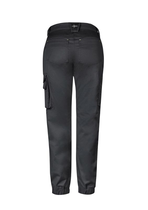 Charcoal women's street-style tough pants, size 4, featuring stretch fabric, elastic cuffs, multiple pockets, and knee reinforcement.