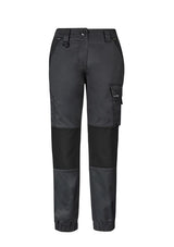 Women's Charcoal Tough Pants by Syzmik, featuring slim fit, stretch fabric, reinforced knees, and multiple functional pockets.