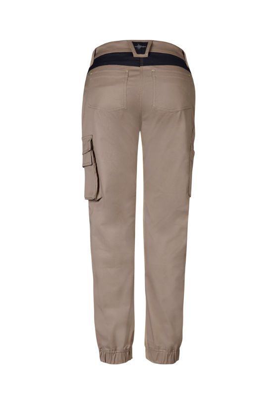 Khaki women's tough pants in size 4 with stretch fabric, multiple pockets, and knee reinforcement for durability and comfort.