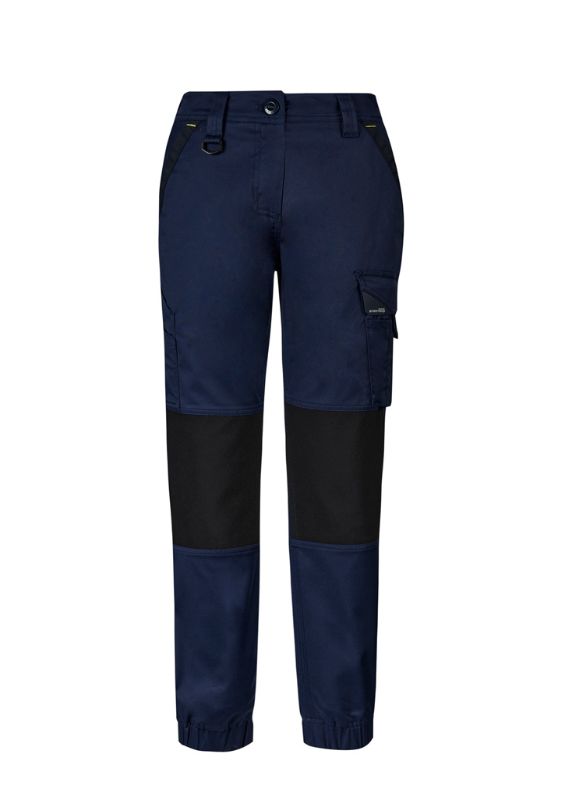 Women's navy Streetworx Tough Pant by Syzmik, featuring a slim fit, elastic cuffs, multi-tool pockets, and durable stretch fabric.