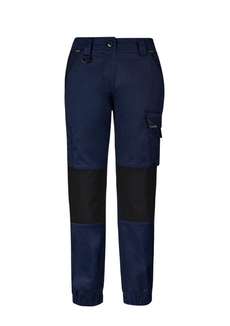 Syzmik Women's Navy Tough Pants, Size 20, featuring slim fit, elastic cuffs, and multiple pockets for work and play.