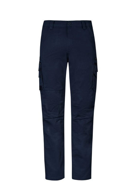 Men's navy work pants with slim fit, durable fabric, multiple pockets, and double layer knees for tradesmen. Size 72.