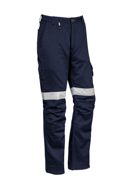 Men's navy tactical pants with mechanical stretch, 10 pockets, back venting, and reflective tape for comfort and visibility.