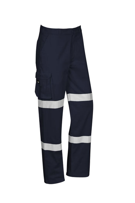 Navy cotton drill pants with Bio Motion tape for visibility, cargo pockets, and a mobile phone pocket, perfect for tradesmen.