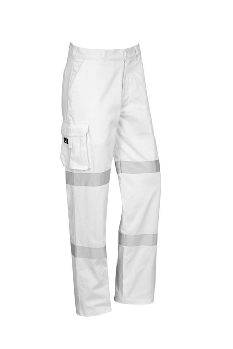 Mens Bio Motion Taped Pant in white, featuring durable cotton drill, double hoop leg tape for increased visibility, and ample pockets.