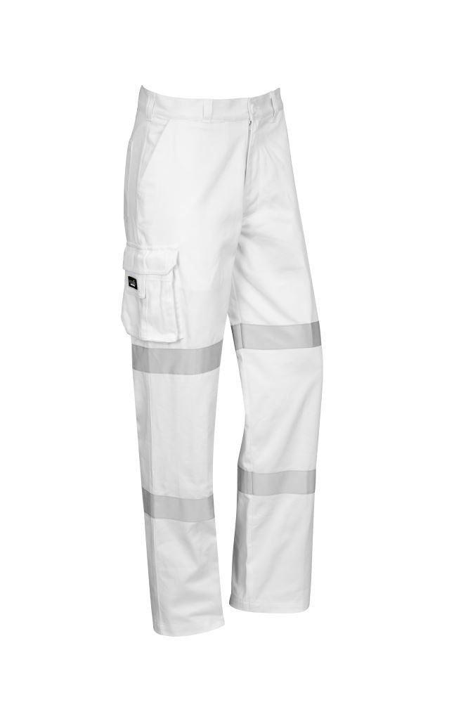 Mens Bio Motion Taped Pant in White featuring durable cotton drill, safety leg tape, cargo pocket, and optimal visibility for work.