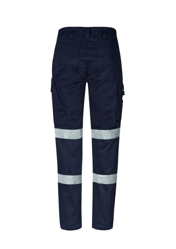 Men's navy cargo pants featuring reflective tape, multiple pockets, slim fit, and durable stretch fabric for comfort and safety.