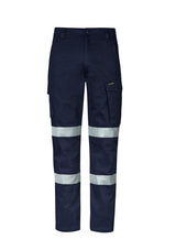 Men's navy cargo pants with stretch reflective tape, ample pockets, and triple stitched seams for durability and comfort.