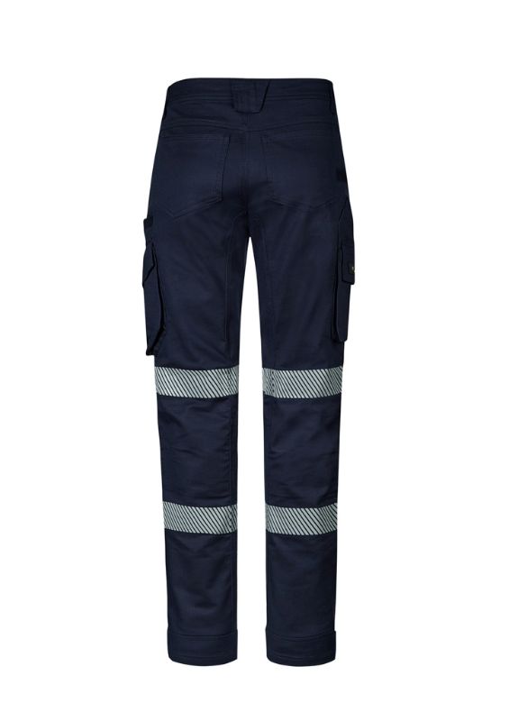 Navy rugged work pants with stretchable fabric, reflective tape, and ample storage pockets, designed for durability and comfort.