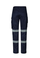 Navy rugged work pants with stretchable fabric, reflective tape, and ample storage pockets, designed for durability and comfort.