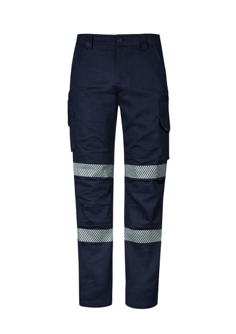 Men's navy work pants featuring ripstop fabric, stretch design, reflective tape, and multiple pockets for tools and essentials.