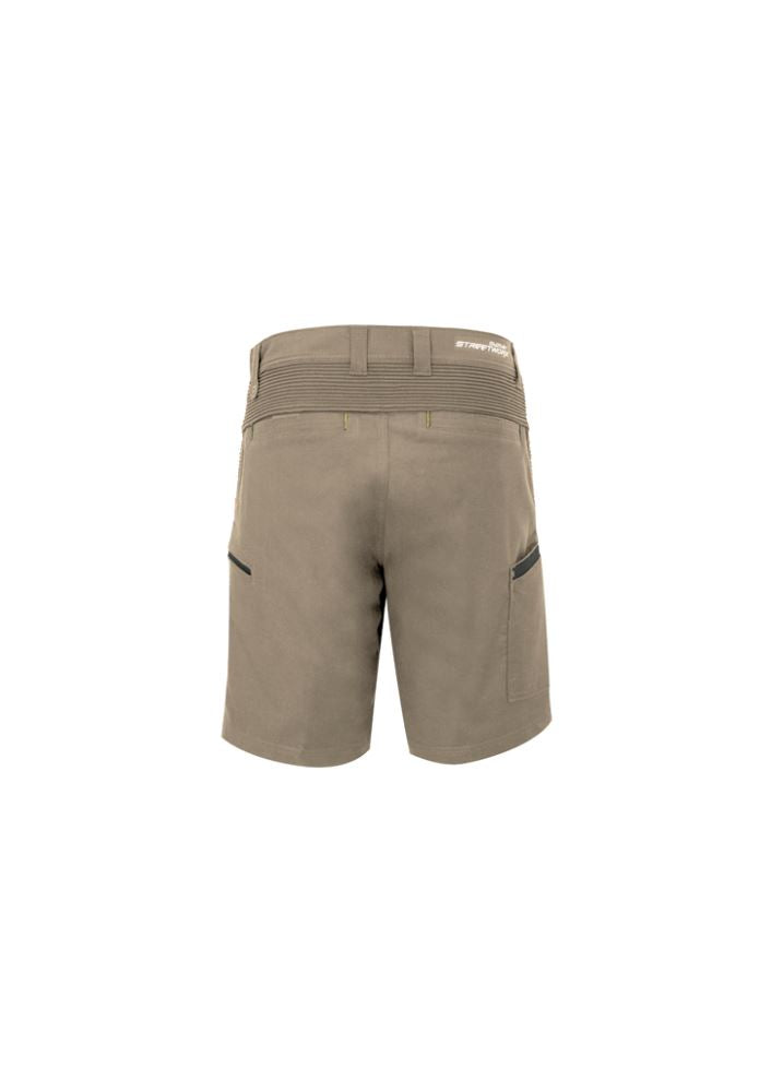 Men's khaki stretch shorts with lightweight fabric, 4-way stretch, multiple pockets, and reflective waistband for work and play.