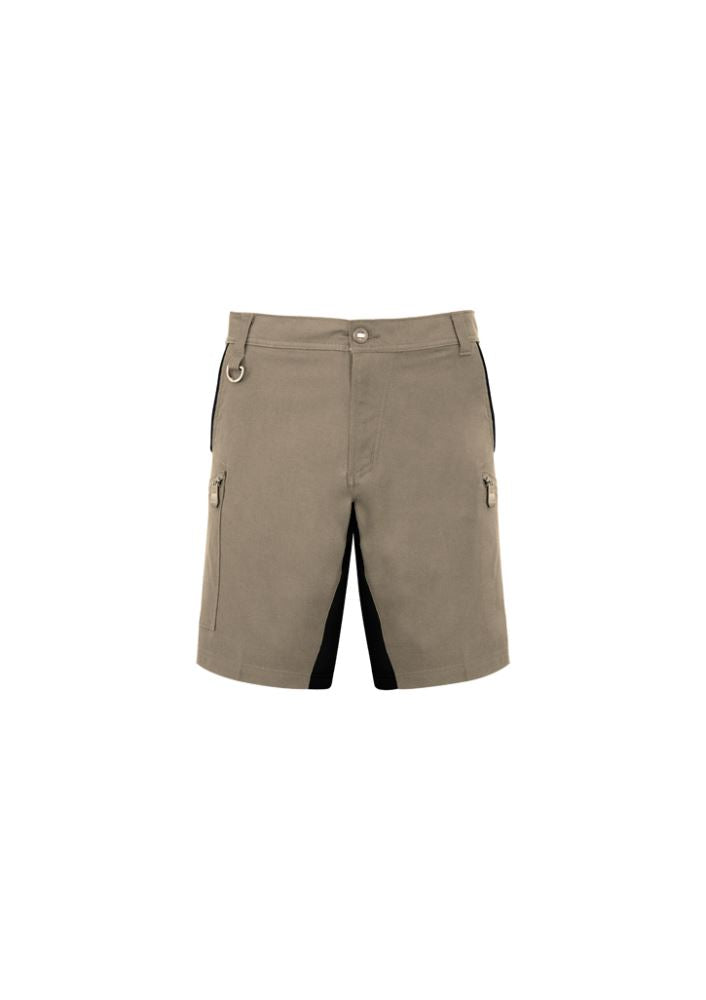 Men's khaki stretch shorts by Syzmik, featuring a slim fit, 4-way stretch, multiple pockets, and reflective details for work or play.