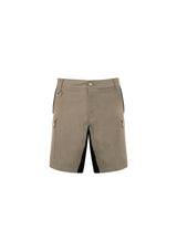 Men's khaki stretch shorts by Syzmik, featuring a slim fit, 4-way stretch, multiple pockets, and reflective details for work or play.
