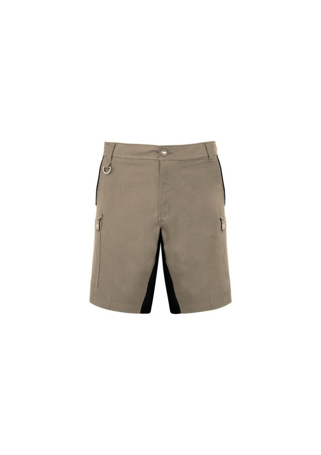 Men's khaki stretch shorts by Syzmik, featuring a slim fit, 4-way stretch, multiple pockets, and reflective details for work or play.