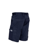 Men's navy cargo shorts with 8 pockets, adjustable waistband, and durable cotton drill fabric for comfort and versatility.