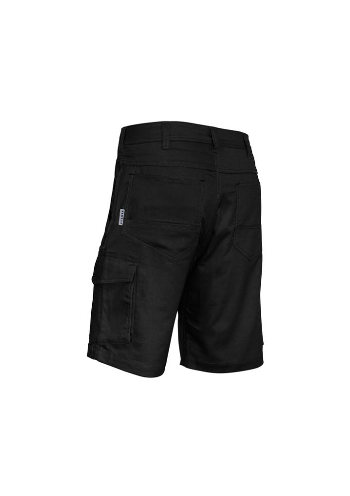 Men's black vented shorts from Syzmik, featuring durable cotton fabric, mechanical stretch, and six functional pockets for practicality.