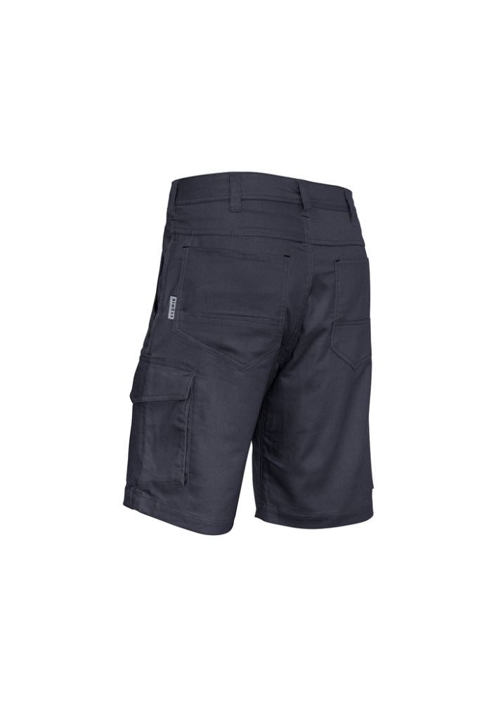 Men's charcoal rugged cooling shorts featuring breathable venting, mechanical stretch, and six pockets for functionality.