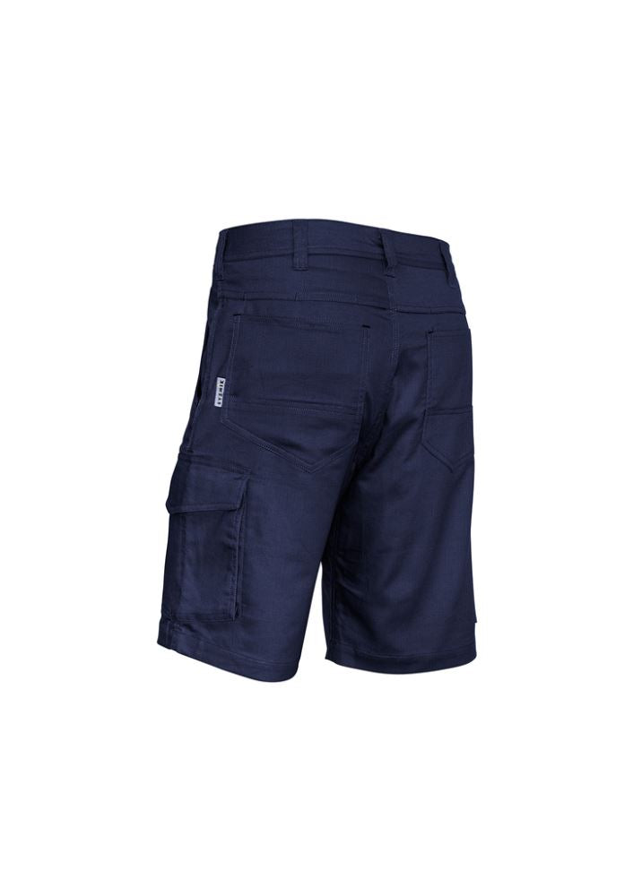 Men's navy shorts with back venting, mechanical stretch, 6 pockets, and durable cotton for comfort and functionality.