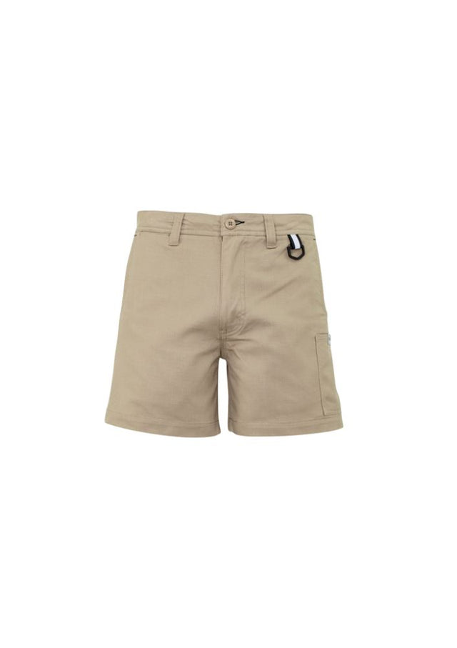 Mens Rugged Cooling Short in Khaki, featuring durable ripstop fabric, mechanical stretch, and functional pockets for outdoor activities.