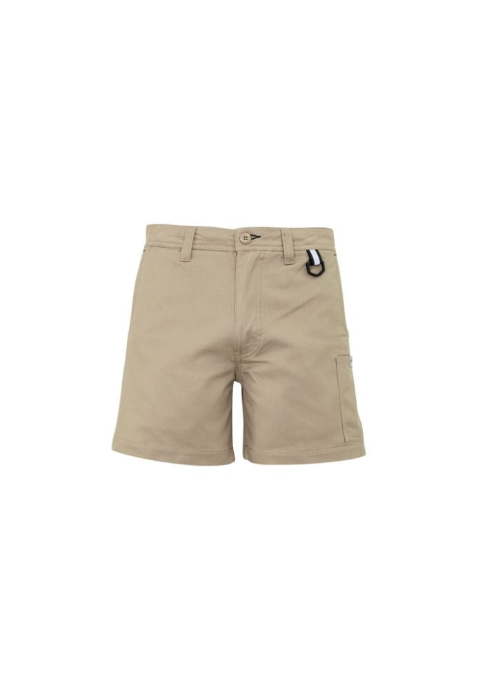 Men's khaki rugged cooling shorts by Syzmik, featuring durable cotton ripstop, stretch for movement, and smart pockets.