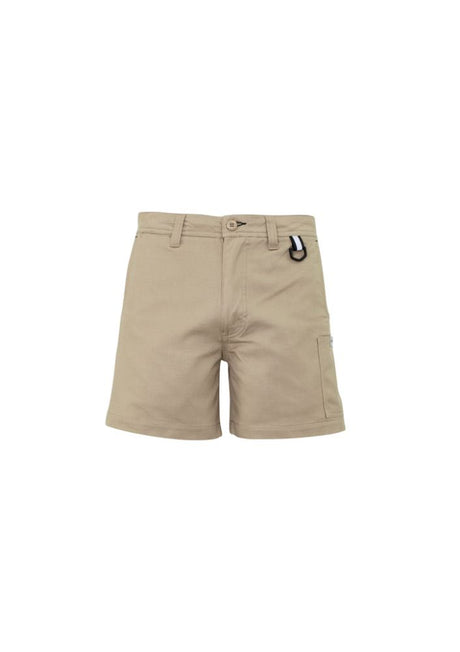 Men's khaki rugged cooling shorts by Syzmik, featuring durable cotton ripstop, stretch for movement, and smart pockets.