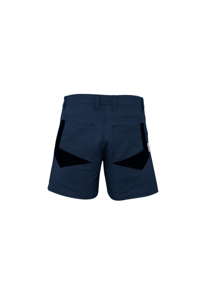 Navy Syzmik Men's Rugged Cooling Shorts featuring durable ripstop fabric, mechanical stretch, and mobile pocket for active lifestyles.